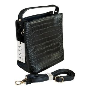 Revolve AOTA Elena Croc Embossed Faux Leather Crossbody Bucket Bag NWT Black